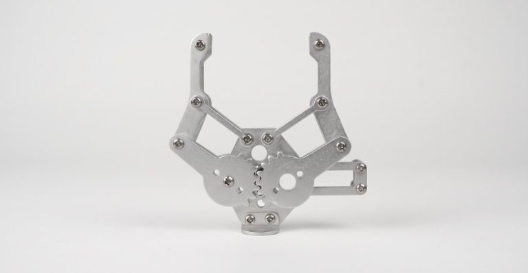 CNC-machined aluminum robotic gripper with bolted joints
