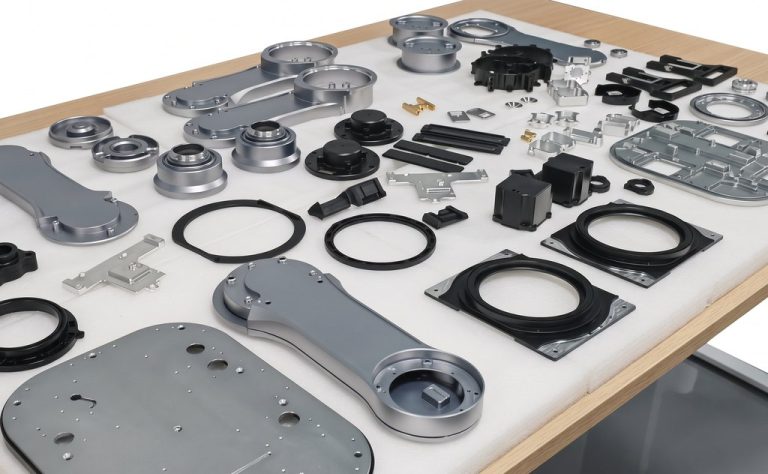 Machined aluminum and black robot components on workbench