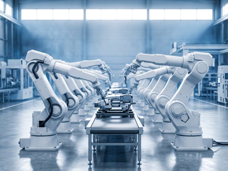 Robotics industry: a line of white six-axis industrial robot arms working on a clean automated assembly line
