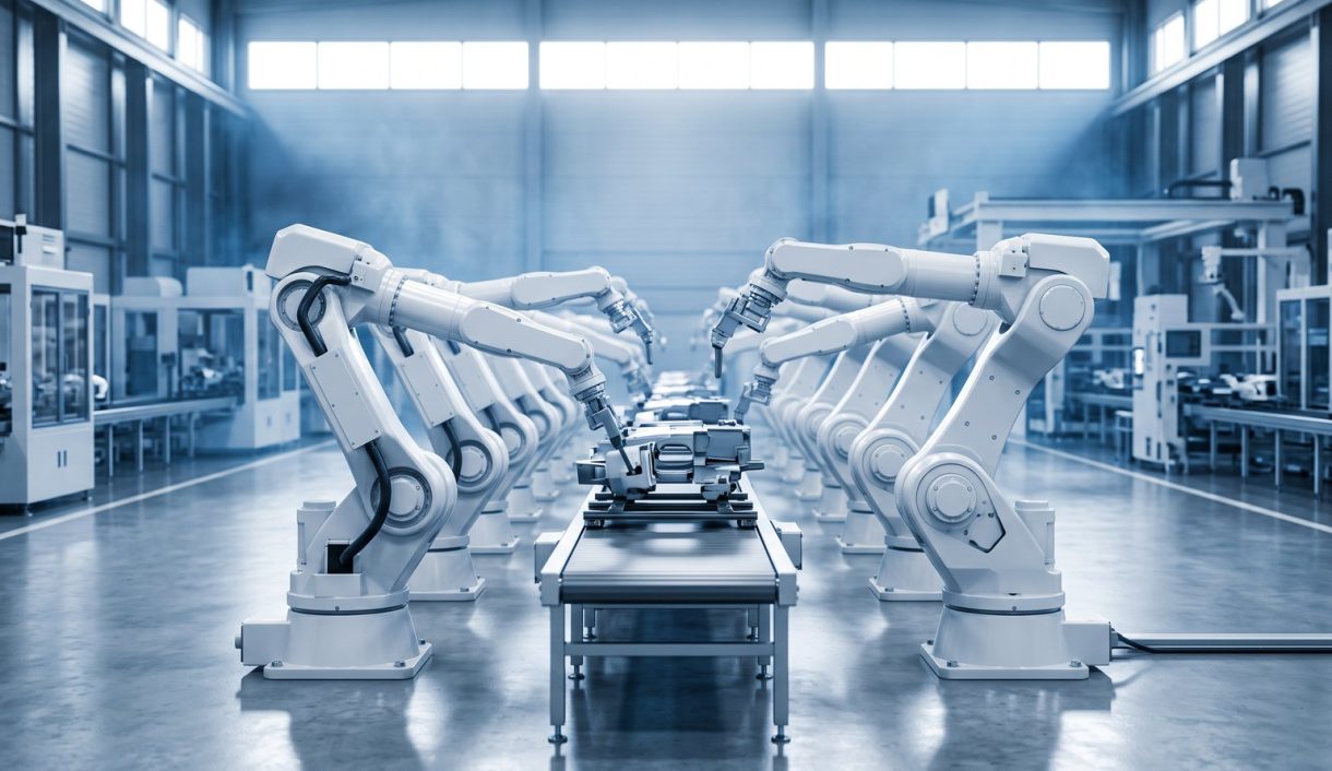Robotics industry: a line of white six-axis industrial robot arms working on a clean automated assembly line