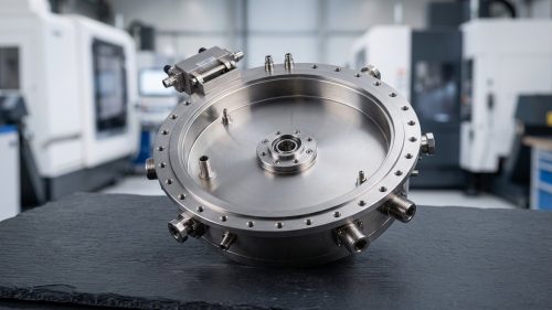 Semiconductor machining vacuum chamber with precision flange and ports