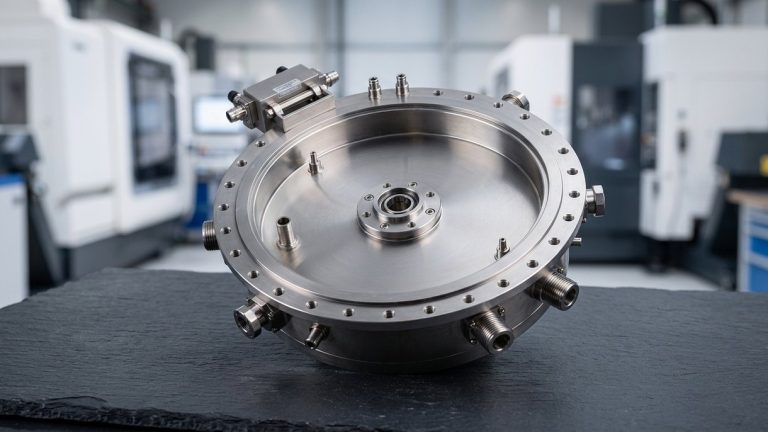 Semiconductor machining vacuum chamber with precision flange and ports