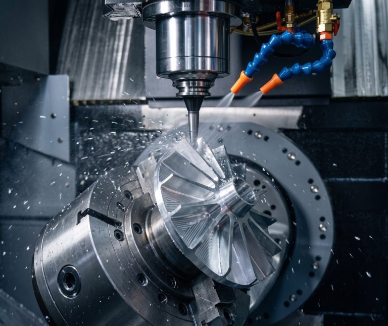 5-axis CNC milling machine cutting an aluminum impeller blade