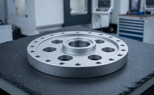 Finished bead-blasted aluminum flange on dark worktable