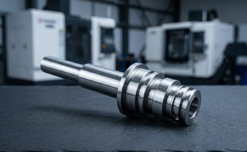 Finished turned stainless steel shaft on dark worktable