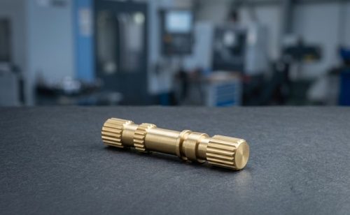 Finished slender brass Swiss-turned shaft on dark worktable