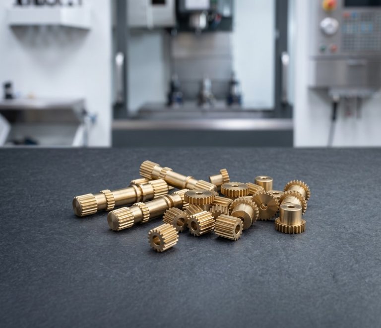 Pilot batch of small machined brass parts on dark table