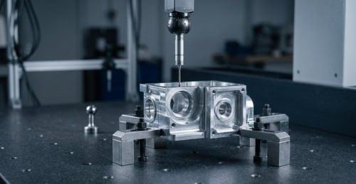 CMM probe inspecting a machined aluminum housing dimension