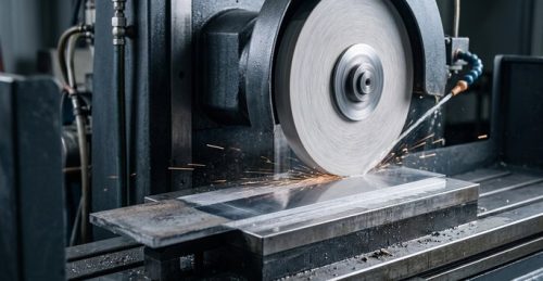 Surface grinder finishing a hardened steel part