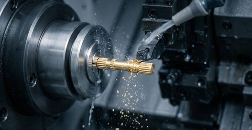 Swiss turning lathe machining a slender brass shaft