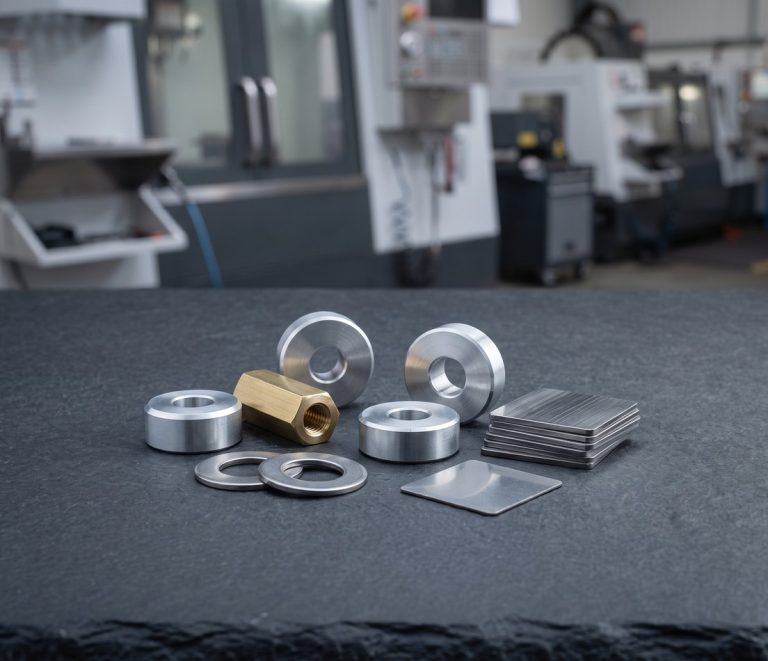 Precision machined spacers, washers and shims on worktable