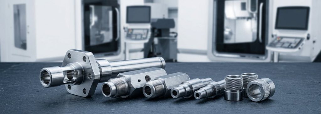 Finished 303 stainless steel machined parts lined up on worktable