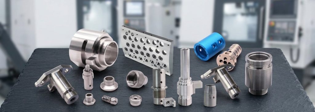 Finished 304 stainless steel machined parts assortment on display