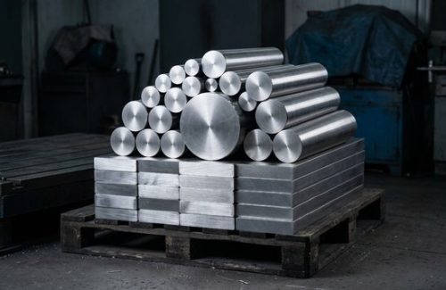 Stacked raw 304 stainless steel bar stock pieces in workshop
