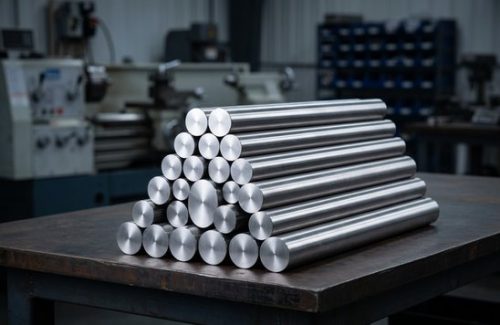 Raw 304 stainless steel round bar stock on workshop table