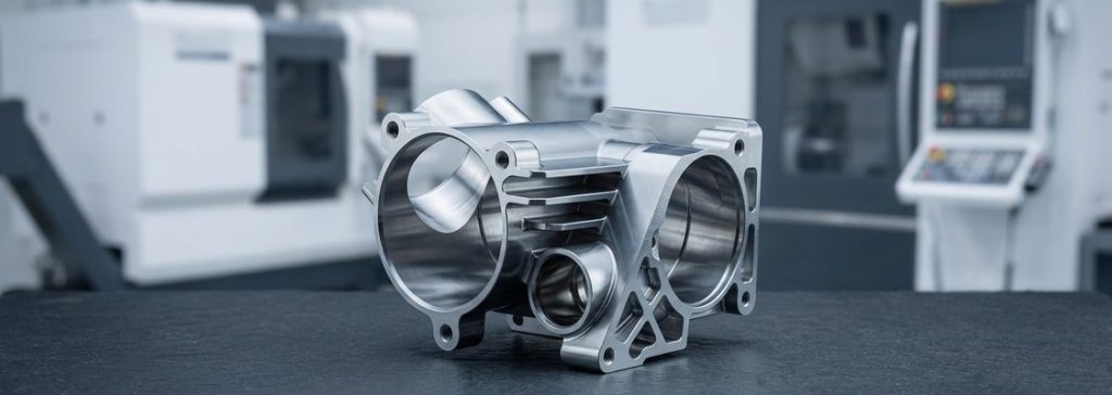 Finished stainless steel 304L machined housing part on worktable