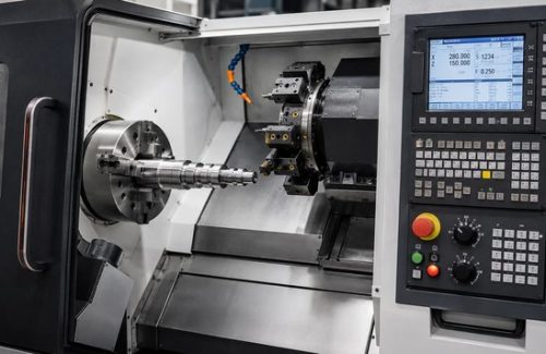 CNC lathe with control panel turning a steel part