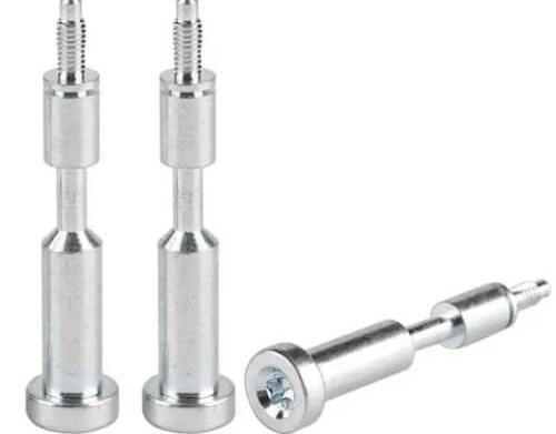 Three stainless steel machined pins with threaded ends