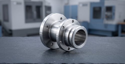 Machined stainless steel 440C flanged fitting on dark worktable