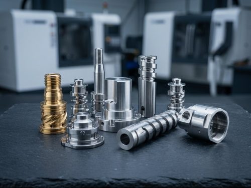 Assorted stainless steel CNC machined parts on dark table
