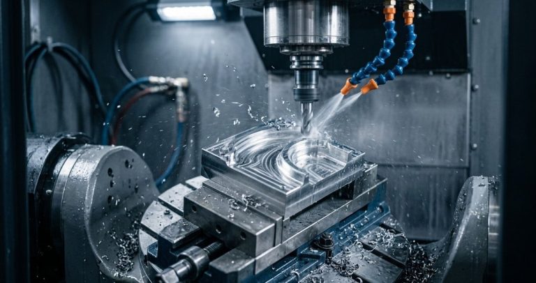 CNC milling stainless steel block on five-axis machine