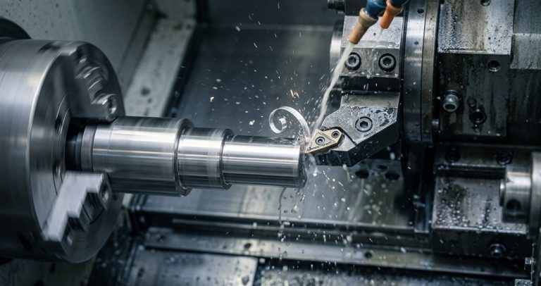 CNC turning stainless steel shaft on precision lathe