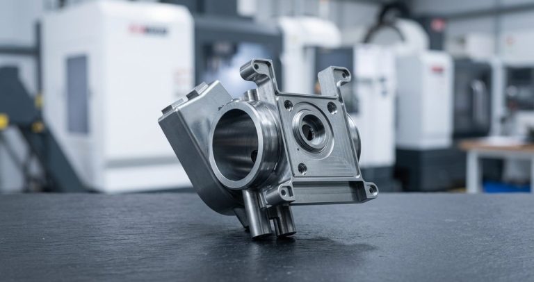 Passivated stainless steel machined housing on dark background