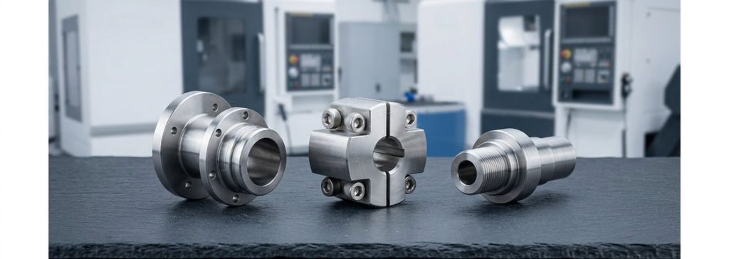 Finished Nitronic 60 stainless steel machined parts on worktable