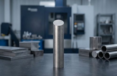 Raw Nitronic 60 stainless steel round bar stock on dark table