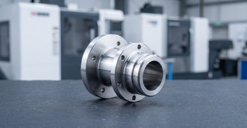 Stainless steel Nitronic 60 flanged fitting on dark workshop table