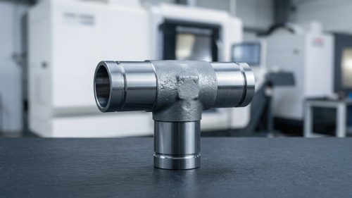 Passivated stainless steel machined fitting on dark workshop table