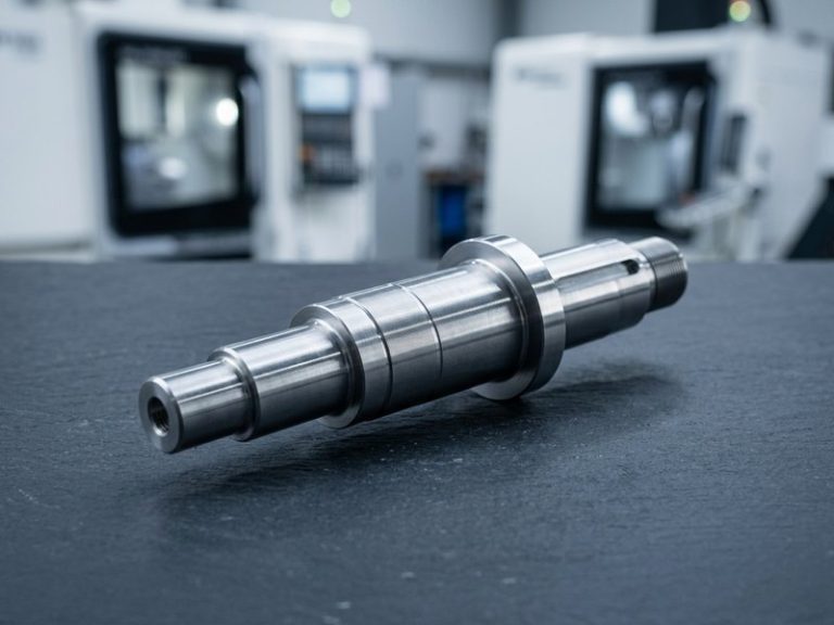 Precision turned stainless steel shaft on dark workshop table