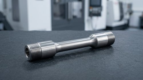 Machined stainless steel test specimen illustrating stress vs strain testing