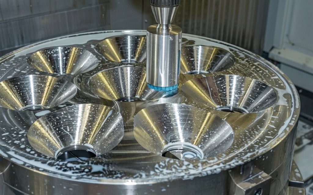 Polished aluminum parts machined on CNC mill showing surface finish