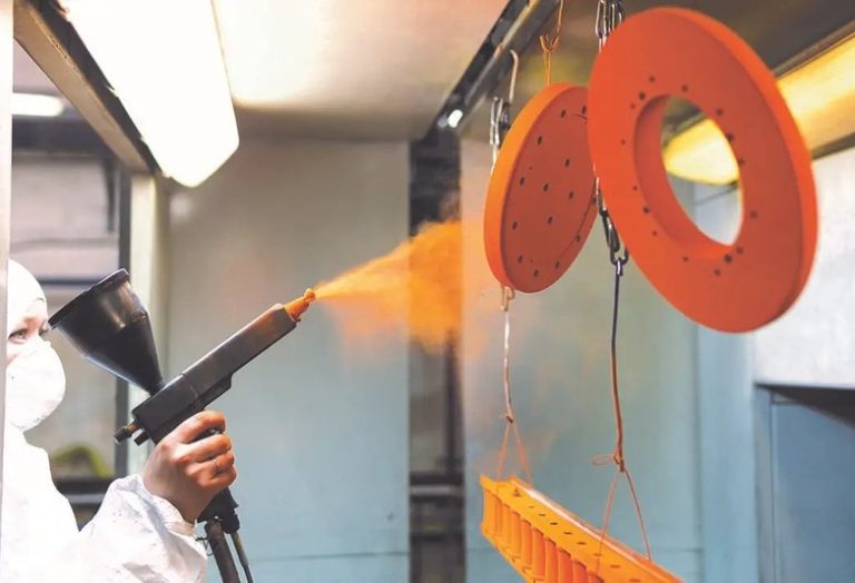 Powder coating process applied to machined metal plate components