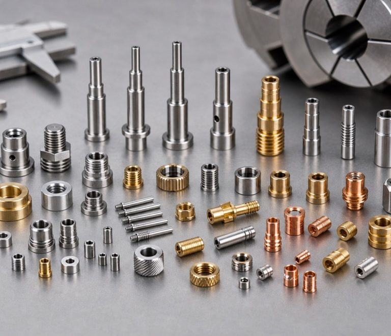 Slender swiss-turned stainless steel pins and shafts on dark table