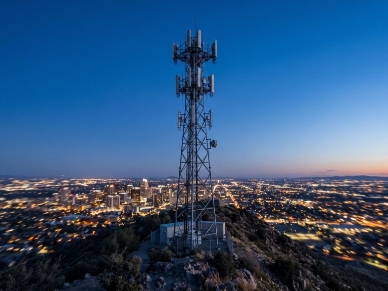 Telecom industry: a 5G telecommunications antenna tower on a hilltop above a city skyline at blue hour