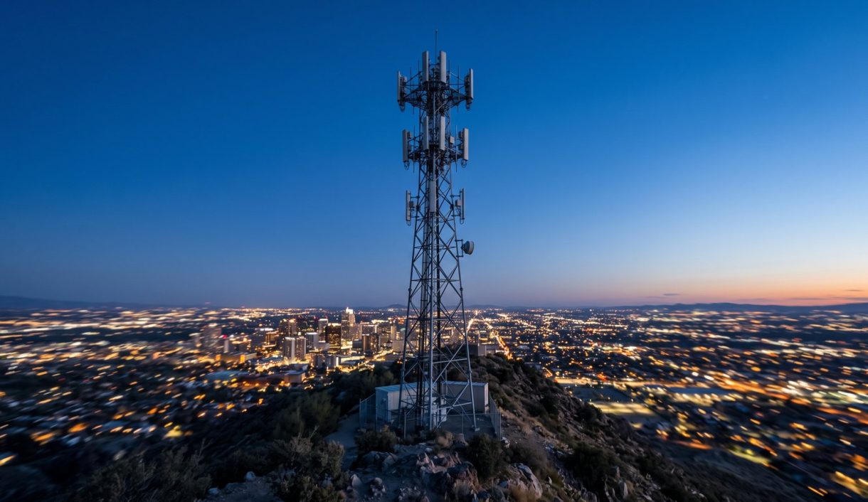 Telecom industry: a 5G telecommunications antenna tower on a hilltop above a city skyline at blue hour