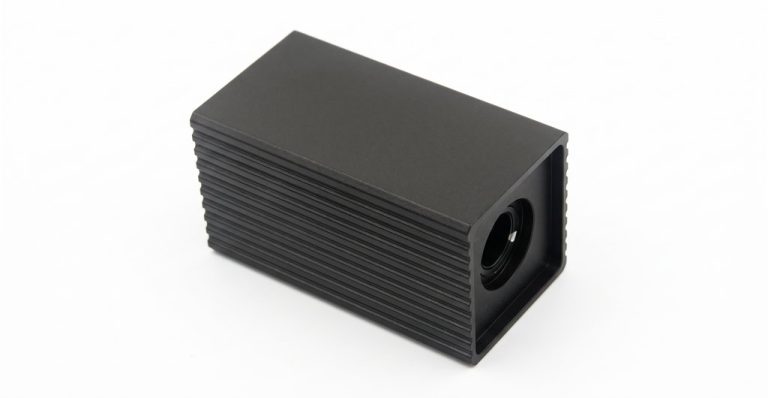 Black rectangular telecom housing with circular port