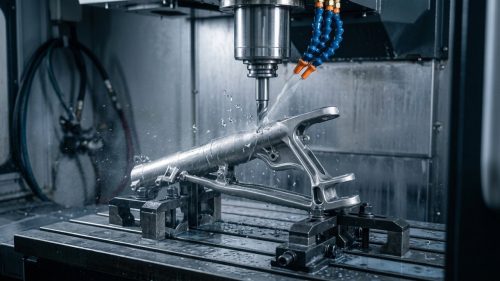 CNC end mill cutting precise text characters into aluminum block