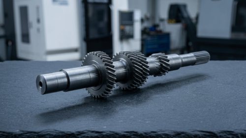 Machined steel crankshaft with multiple journals on dark workbench