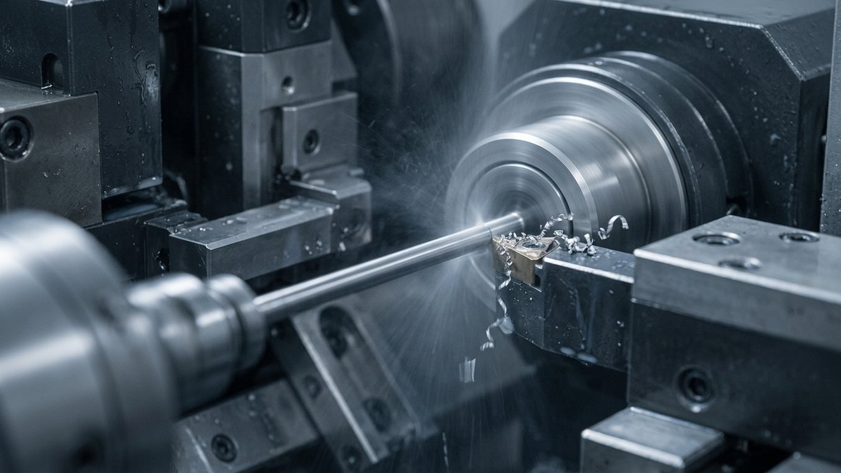 CNC lathe turning a precision steel drill rod blank