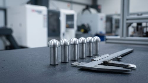 Close-up of precision machined metal rivets on dark workbench