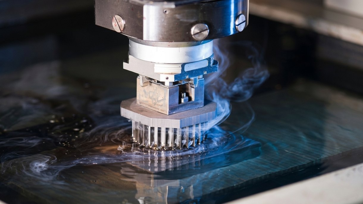 Sinker EDM electrode machining a metal die with sparks