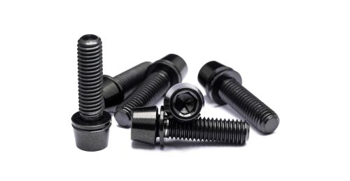 Black titanium bolts isolated on white background