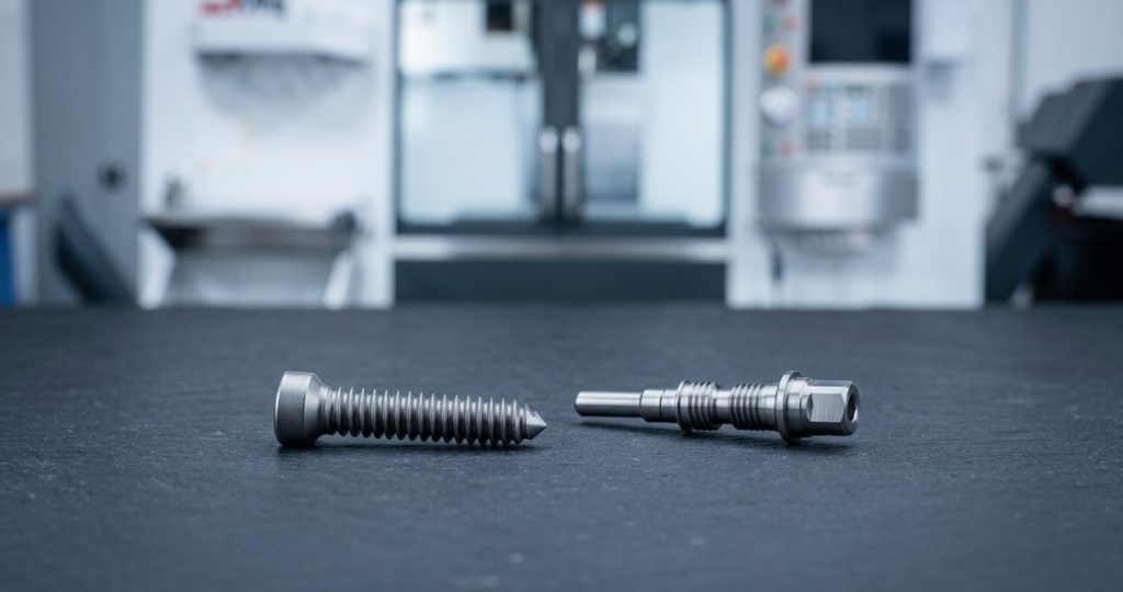 Grade 5 titanium implant screw and abutment on dark table