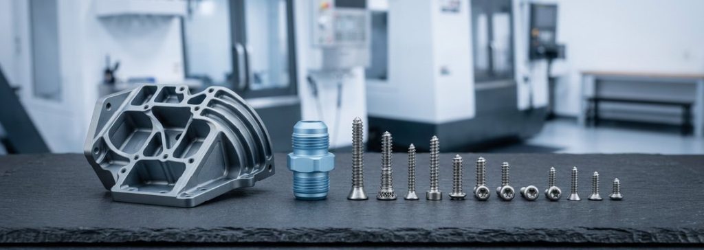 Finished Grade 5 titanium parts lined up on dark table
