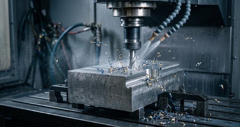 CNC milling titanium block with carbide end mill cutting
