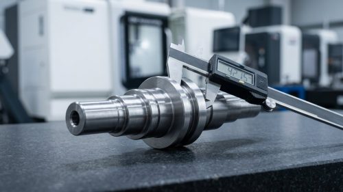 Caliper measuring stepped shaft to illustrate tolerance stacking in CNC parts