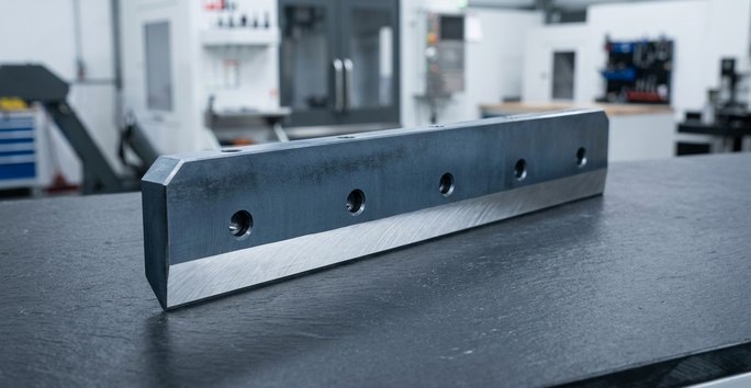 Hardened S7 tool steel shear blade on dark table